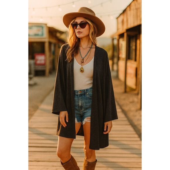 GeeGee Black Fringe Boho Western Cardigan Open Front Longline Duster Jacket L - Picture 1 of 9